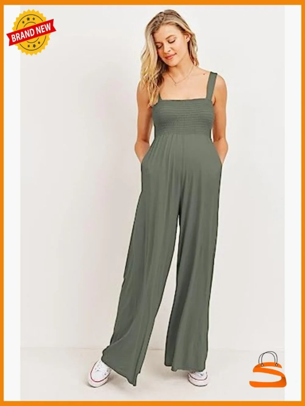 Maternity Sleeveless Jumpsuit Romper Smocked Neck Pockets